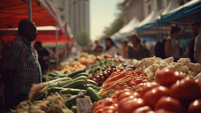 Man observing fresh vegetables at bustling farmer's market   - Powered by Adobe