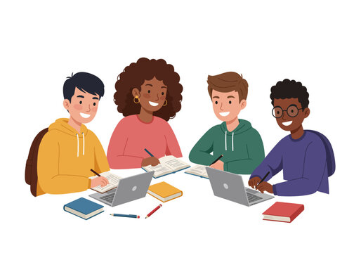 Four diverse students collaborate with books  laptops around a table