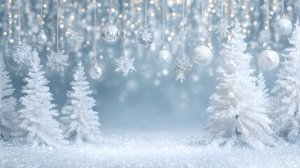 Enchanting winter forest scene with snow covered trees and subtle pink accents creating a magical atmosphere