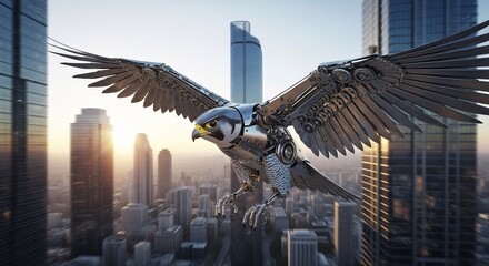 Cybernetic Falcon Soaring Over Futuristic Cityscape at Sunrise.