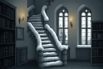Snowy staircase in a dimly lit, ornate library