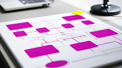 flowchart. Clean flowchart symbols on a light grey background representing modern business optimization. pitch deck slides.