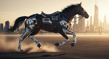Cybernetic Horse Galloping Through Futuristic Cityscape at Sunset.
