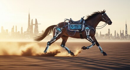 Cybernetic Horse Galloping Through Futuristic Desert Landscape.
