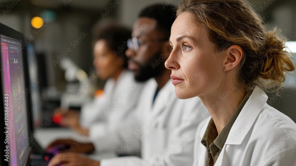 Poster focused female scientist analyzing data in modern laboratory setting