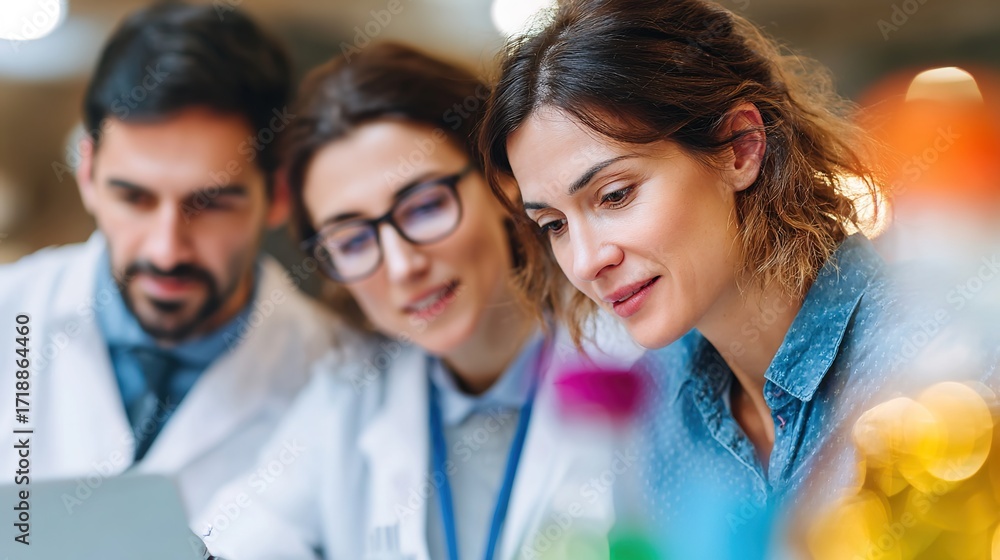 Poster collaborative research in laboratory with scientists analyzing data