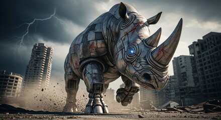 Cybernetic Rhino Rampage - A Futuristic Beast in a Ruined Cityscape.