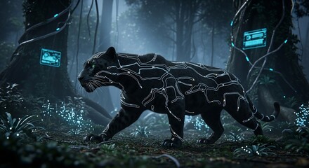 Cybernetic Panther in Futuristic Jungle Environment with Glowing Technology.