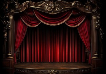 Luxurious curtain details in a dramatic theatre setting. 