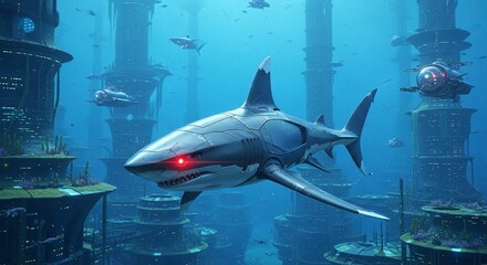 Cybernetic Shark Guardian in Sunken City - A Futuristic Underwater Scene.