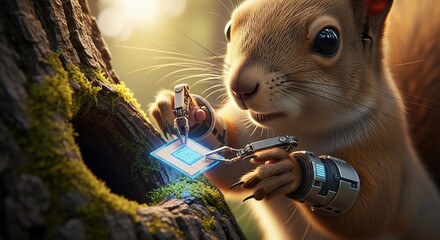 Cybernetic Squirrel Tinkering with a Glowing Chip in the Forest.
