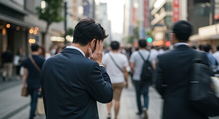 Overwhelmed Businessman in Crowded City Street