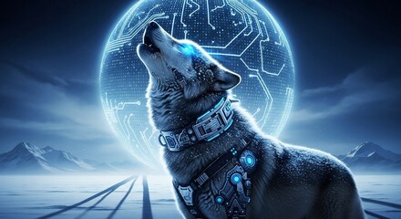 Cybernetic Wolf Howling at Digital Moon - Futuristic Animal Art.