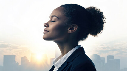 Young woman in business suit with eyes closed enjoying calm morning sunlight in cityscape background