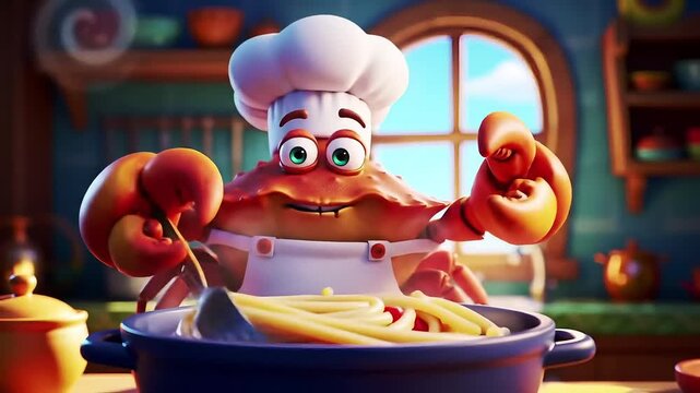 Animated crab chef cooking delicious pasta in a warm kitchen, preparing a gourmet meal