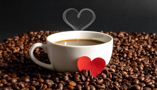 Coffee cup with heart shape steam and red heart on coffee beans.