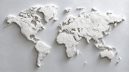 Abstract white textured world map 3d relief surface global geography continents detailed cartography concept fine art textured art