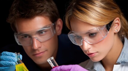 Scientists Conducting Experiment in Laboratory with Colorful Chemicals