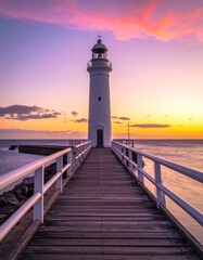 Lighthouse at sunrise over calm water
