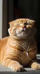Adorable ginger cat wearing white earbuds, eyes closed in bliss, enjoying music in the sunlit room. Cute pet photography.
