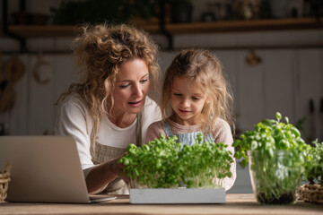 Mother and Daughter Caring for Desktop Hydroponic Plants in Minimal White Home Environment