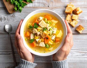 Hands holding a bowl of chicken soup