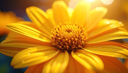 Radiant Golden Flower in Sunlight with Detailed Petals and Center Core Close Up