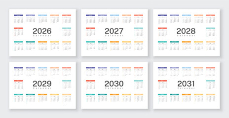 Calendar template set for 2026, 2027, 2028, 2029, 2030 and 2031 years. White background English language. Week starts on Sunday.