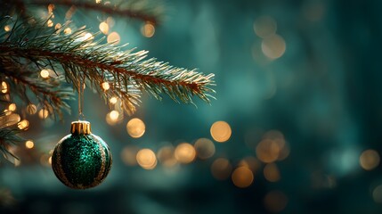 Festive christmas tree branch with blurry bokeh lights and a single ornament creating a warm winter holiday atmosphere