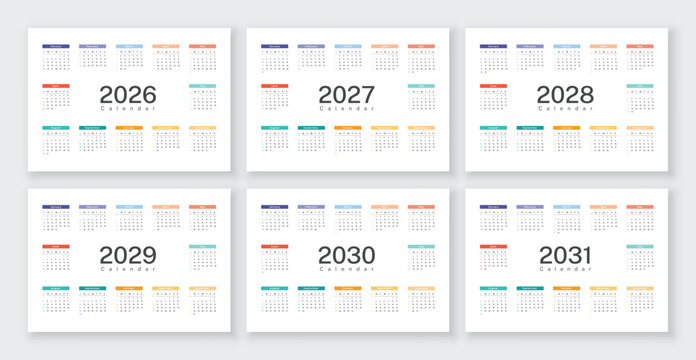 Calendar template set for 2026, 2027, 2028, 2029, 2030 and 2031 years. White background English language. Week starts on Sunday.