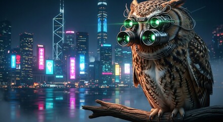 Cyberpunk Owl Guardian Overlooking Futuristic Cityscape at Night.