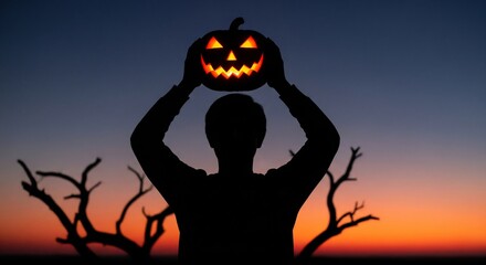 Silhouette of a person holding a lit jackolantern above head against a sunset backdrop with bare trees