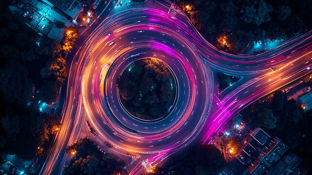 Vibrant aerial view of a busy city roundabout at night with colorful light trails