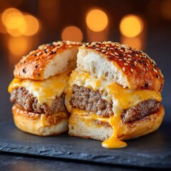 Delicious Cheeseburger Cut in Half with Melting Cheese and Sesame Seed Bun.