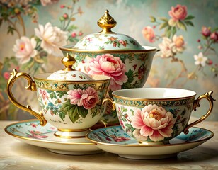 Elegant floral tea set; porcelain cups, sugar bowl, creamer