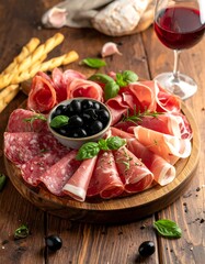 Gourmet charcuterie board with meats, olives, and breadsticks