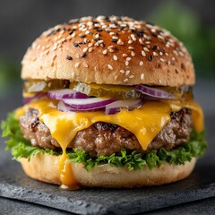 Delicious Cheeseburger with Fresh Toppings on a Sesame Seed Bun.