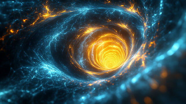 Abstract swirling vortex of cosmic energy with glowing golden light at the center