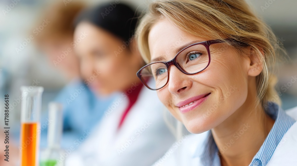 Poster smiling female scientist in laboratory with experiment and focused team