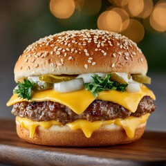 Delicious Cheeseburger with Sesame Seed Bun, Onions, and Pickles.