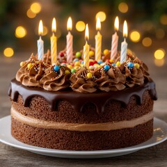 Delicious Chocolate Birthday Cake with Lit Candles and Colorful Sprinkles.