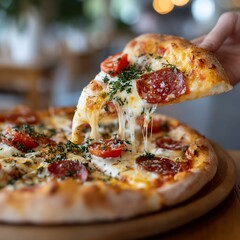 Delicious Pepperoni Pizza Slice Being Lifted with Melted Cheese.