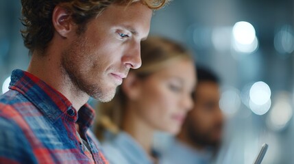 Focused man using smartphone with blurred background of friends