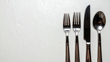 Classic dining cutlery set of fork, knife, and spoon arranged neatly on a white background for food concepts
