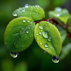 Dew Drops on Vibrant Green Leaves - A Refreshing Nature Scene.