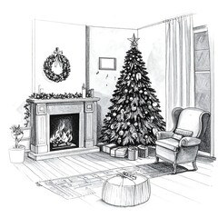 Christmas living room drawing
