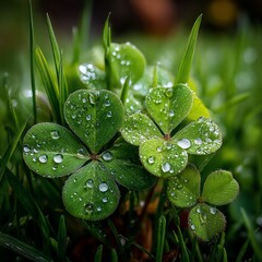 Dew-kissed clovers glisten in the morning light, promising luck and freshness.