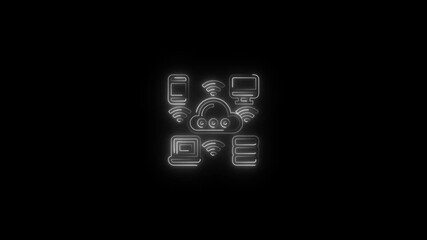 White neon cloud computing network icon with devices on black background technology internet - Powered by Adobe