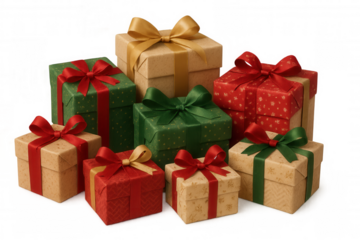 Holiday gift boxes grouped together, wrapped in festive red, green, and gold paper with ribbons, transparent background