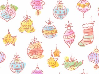Cute seamless Christmas pattern featuring hand-drawn minimal line art of Christmas ornaments for fabric, gift wrapping, cards. Holiday season wallpapers.